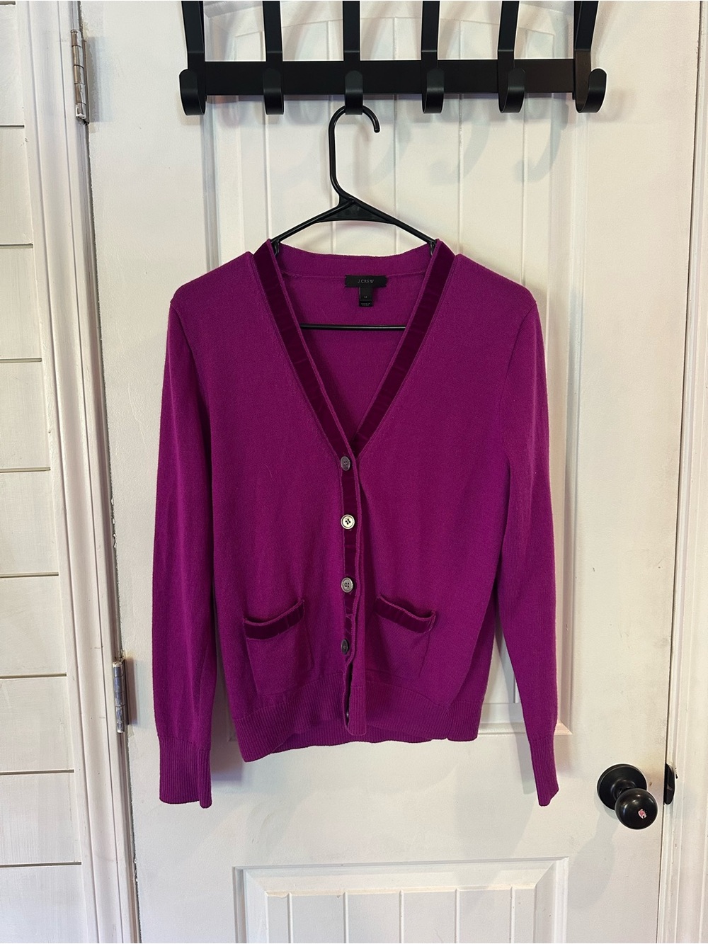 J. Crew Bright Magenta V-Neck Button Cardigan velvet trim